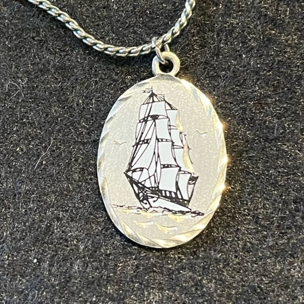 Blackinton Mass USA Tall Sails Ship Pewter Pendant Necklace